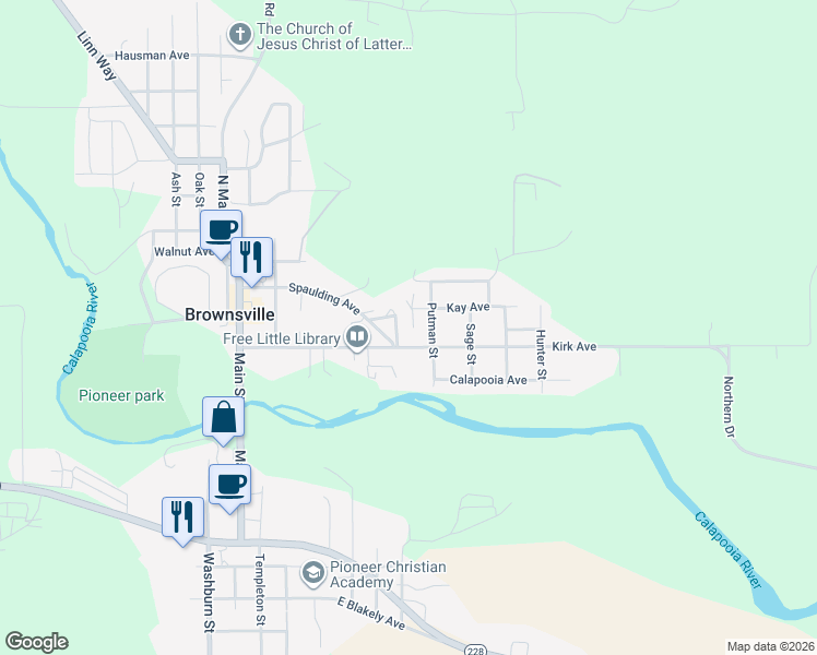 map of restaurants, bars, coffee shops, grocery stores, and more near 402 Kirk Avenue in Brownsville