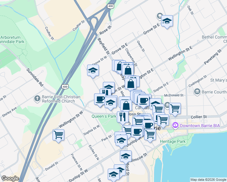 map of restaurants, bars, coffee shops, grocery stores, and more near 147 Toronto Street in Barrie