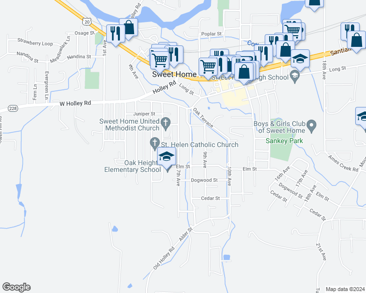 map of restaurants, bars, coffee shops, grocery stores, and more near in Sweet Home