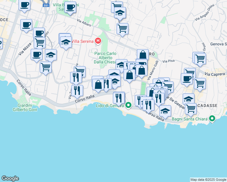 map of restaurants, bars, coffee shops, grocery stores, and more near 28 Corso Italia in Genoa