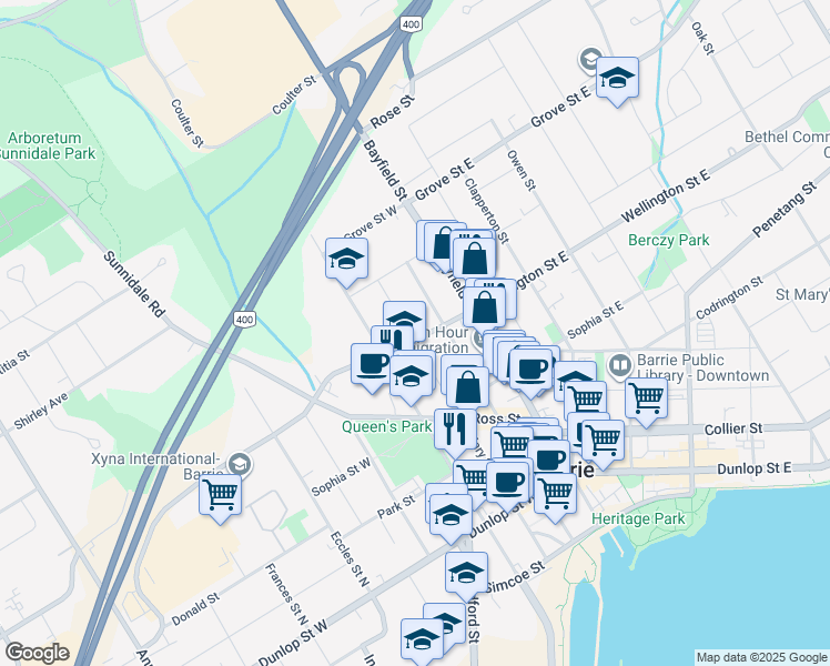 map of restaurants, bars, coffee shops, grocery stores, and more near 30 Wellington Street West in Barrie