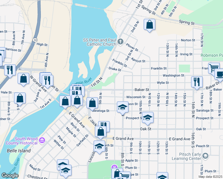 map of restaurants, bars, coffee shops, grocery stores, and more near 641 Baker Street in Wisconsin Rapids