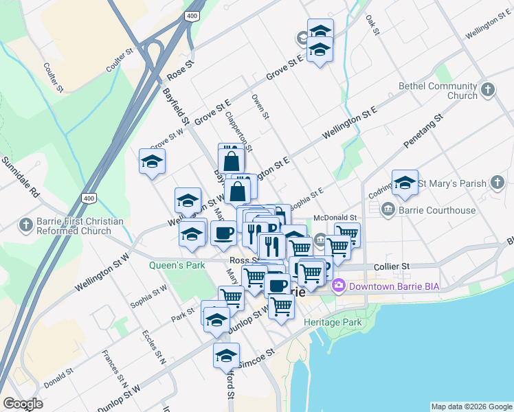 map of restaurants, bars, coffee shops, grocery stores, and more near 18 Drury Lane in Barrie