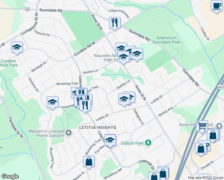 map of restaurants, bars, coffee shops, grocery stores, and more near 36 Shelley Lane in Barrie