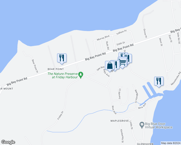 map of restaurants, bars, coffee shops, grocery stores, and more near 375 Sea Ray Avenue in Innisfil