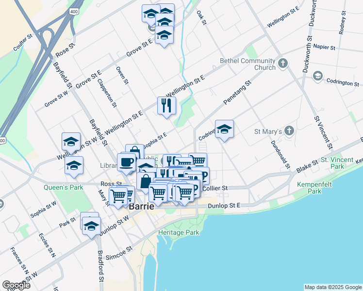 map of restaurants, bars, coffee shops, grocery stores, and more near in Barrie