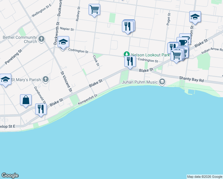 map of restaurants, bars, coffee shops, grocery stores, and more near Barrie North Shore Trail in Barrie