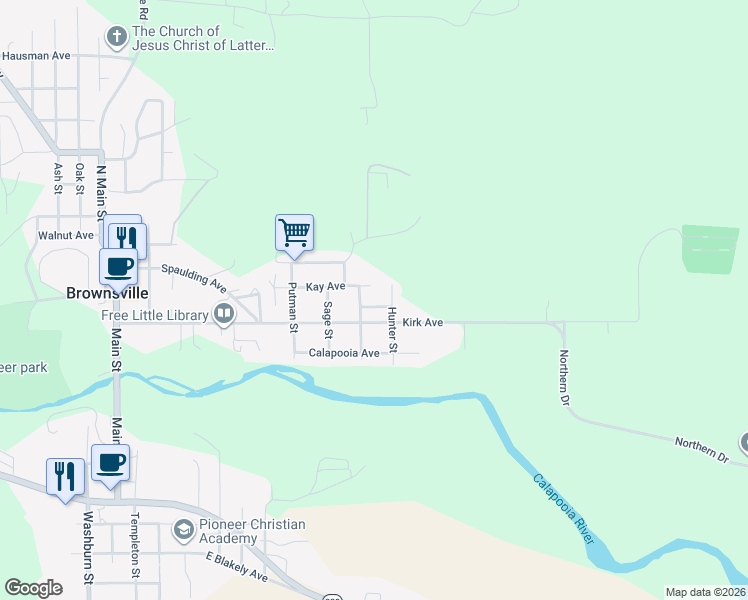 map of restaurants, bars, coffee shops, grocery stores, and more near 728 Kirk Avenue in Brownsville