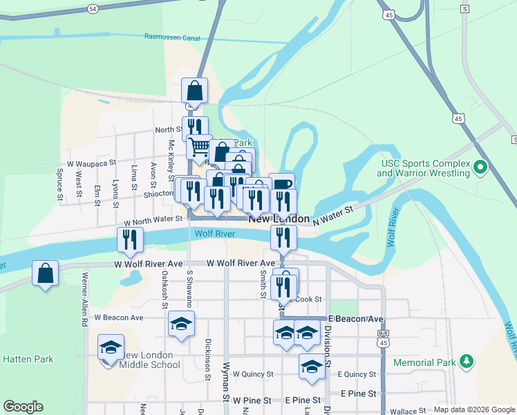 map of restaurants, bars, coffee shops, grocery stores, and more near 210 West Waupaca Street in New London
