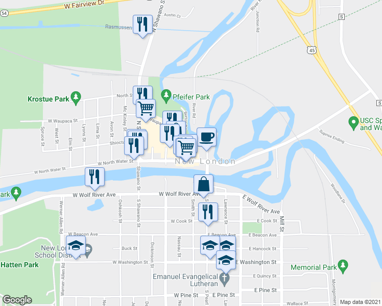 map of restaurants, bars, coffee shops, grocery stores, and more near 209 Saint John's Place in New London