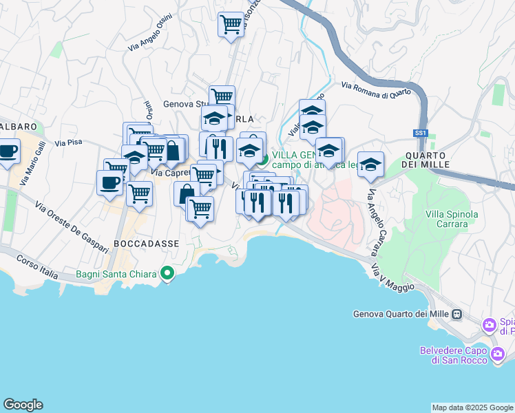 map of restaurants, bars, coffee shops, grocery stores, and more near 49 Via dei Mille in Genoa