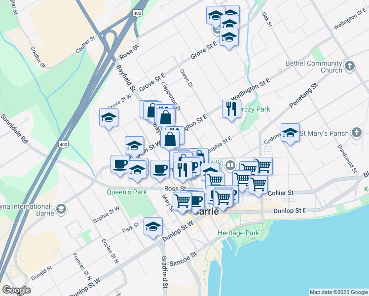 map of restaurants, bars, coffee shops, grocery stores, and more near in Barrie