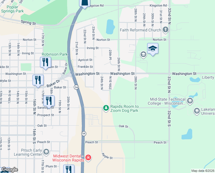 map of restaurants, bars, coffee shops, grocery stores, and more near 731 25th Street North in Wisconsin Rapids