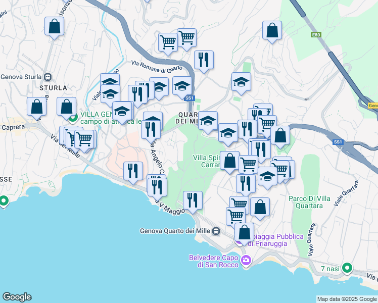 map of restaurants, bars, coffee shops, grocery stores, and more near Via Luigi Sartorio in Genoa