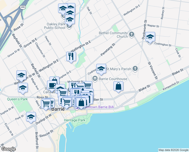 map of restaurants, bars, coffee shops, grocery stores, and more near 81 Mulcaster Street in Barrie