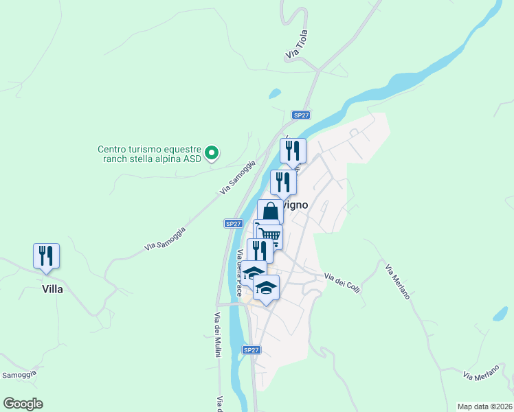 map of restaurants, bars, coffee shops, grocery stores, and more near 136 A Via dei Mulini in Savigno