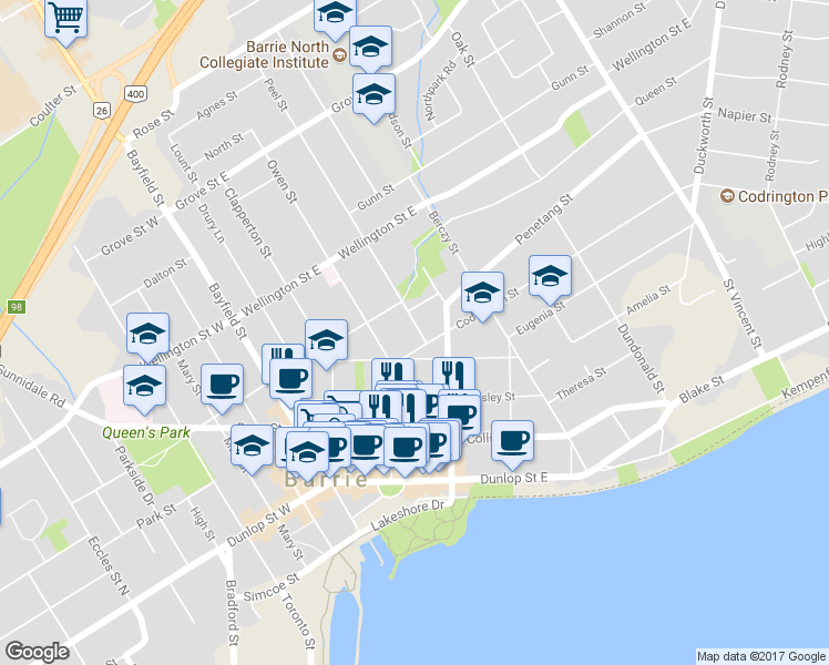 map of restaurants, bars, coffee shops, grocery stores, and more near 34 Peel Street in Barrie
