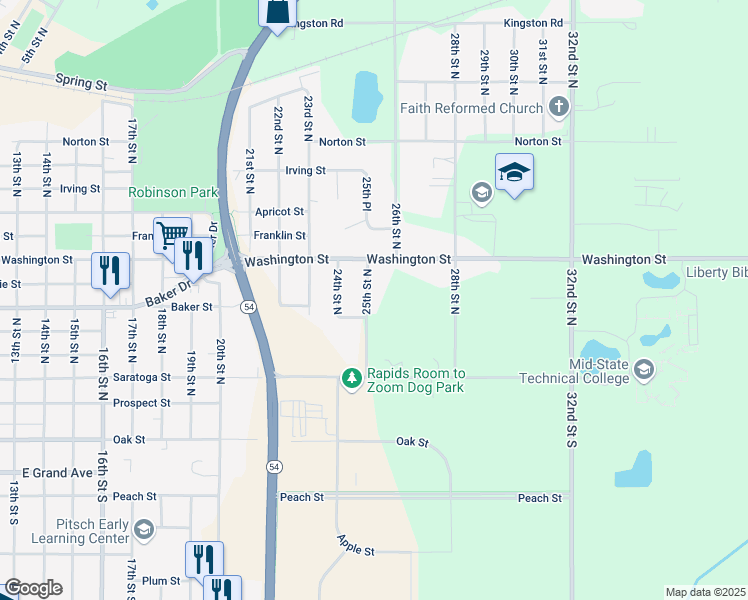 map of restaurants, bars, coffee shops, grocery stores, and more near 731 25th Street North in Wisconsin Rapids