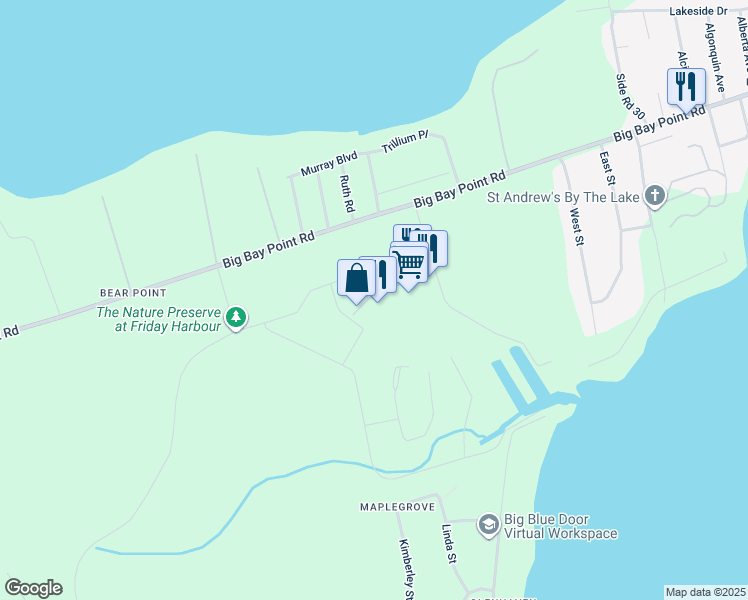 map of restaurants, bars, coffee shops, grocery stores, and more near 303 Broward Way in Innisfil