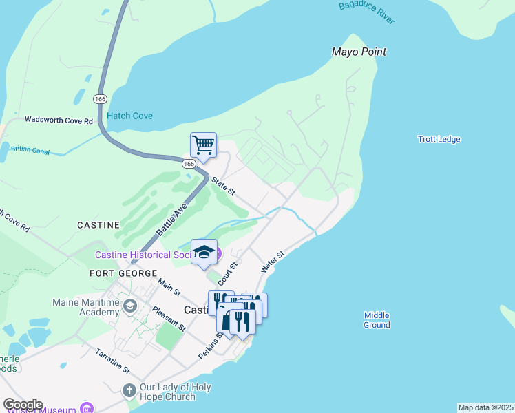 map of restaurants, bars, coffee shops, grocery stores, and more near 23 State Street in Castine