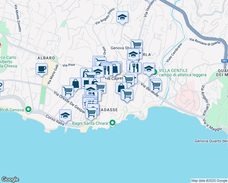 map of restaurants, bars, coffee shops, grocery stores, and more near 21 Via Caprera in Genoa