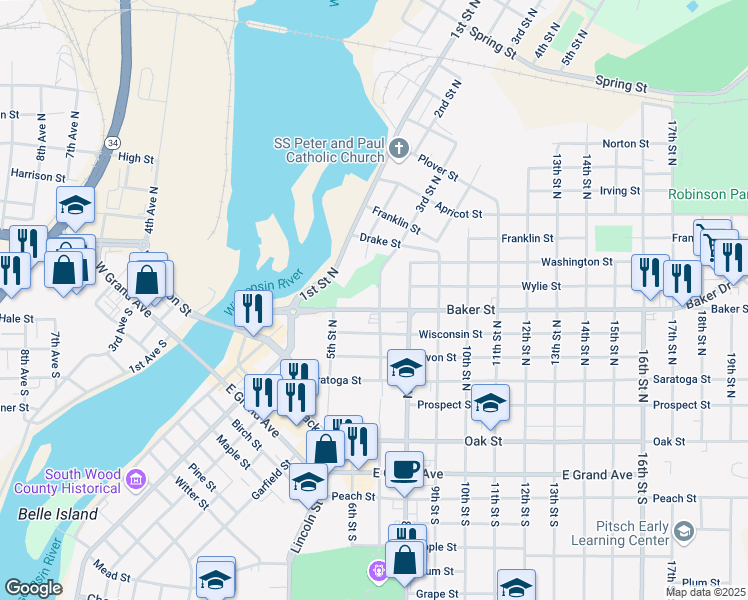 map of restaurants, bars, coffee shops, grocery stores, and more near 641 Baker Street in Wisconsin Rapids