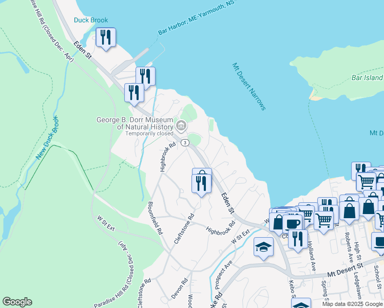 map of restaurants, bars, coffee shops, grocery stores, and more near 92 Eden Street in Bar Harbor