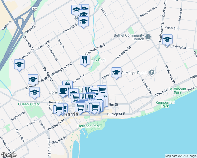 map of restaurants, bars, coffee shops, grocery stores, and more near 98 Mulcaster Street in Barrie