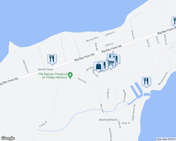 map of restaurants, bars, coffee shops, grocery stores, and more near 375 Sea Ray Avenue in Innisfil