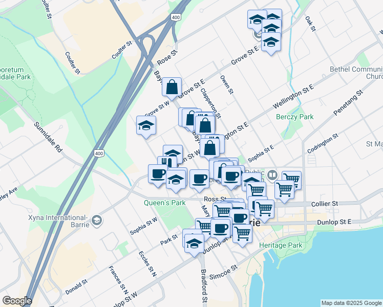 map of restaurants, bars, coffee shops, grocery stores, and more near in Barrie