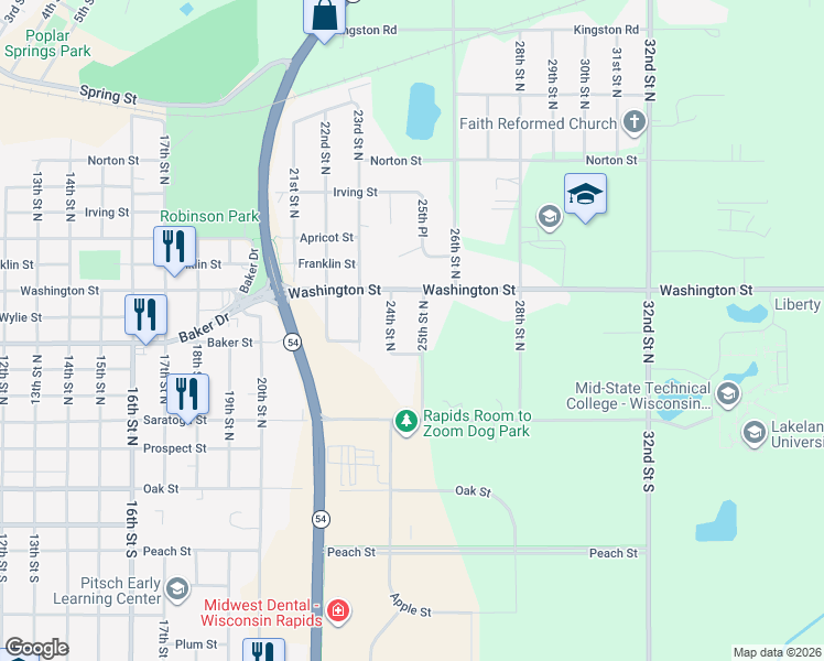 map of restaurants, bars, coffee shops, grocery stores, and more near 731 25th Street North in Wisconsin Rapids