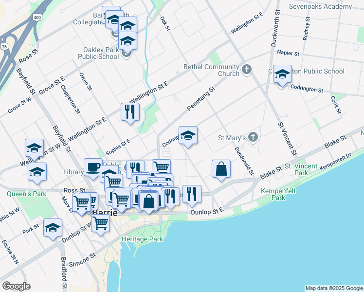 map of restaurants, bars, coffee shops, grocery stores, and more near Berczy Street in Barrie