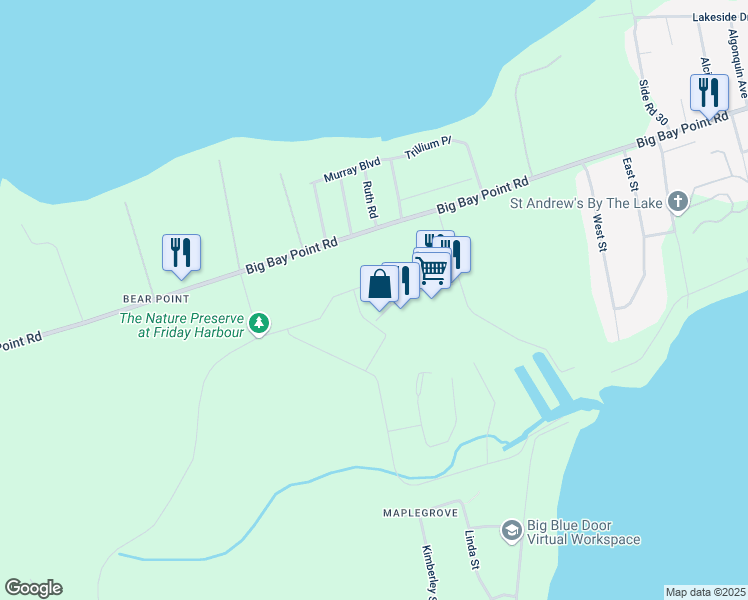 map of restaurants, bars, coffee shops, grocery stores, and more near 333 Sea Ray Avenue in Innisfil
