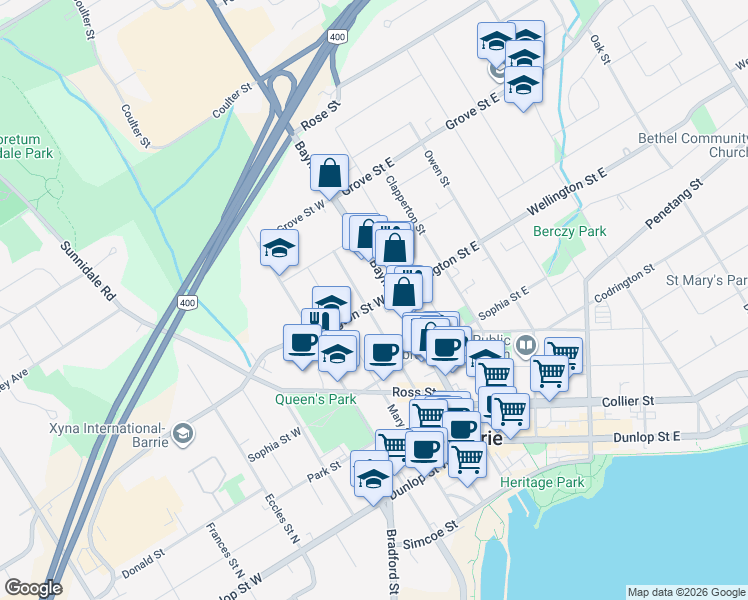 map of restaurants, bars, coffee shops, grocery stores, and more near 12 Wellington Street West in Barrie