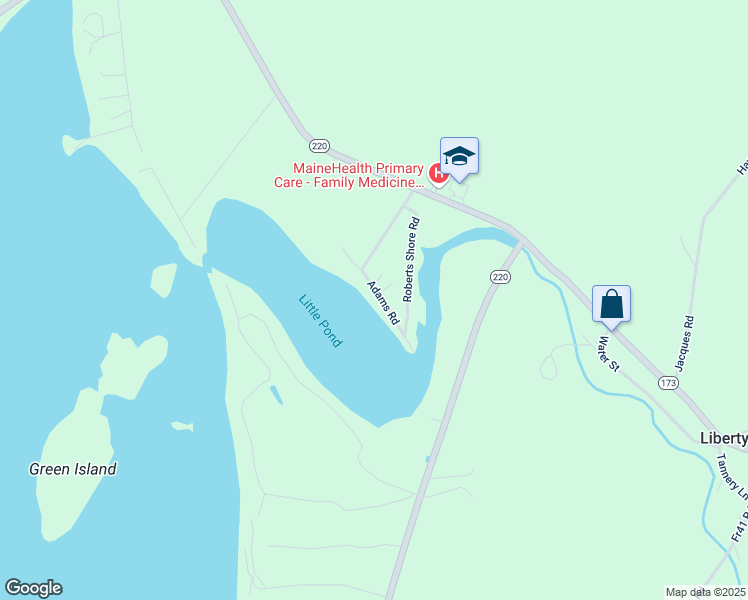 map of restaurants, bars, coffee shops, grocery stores, and more near 73 Roberts Shore Road in Liberty