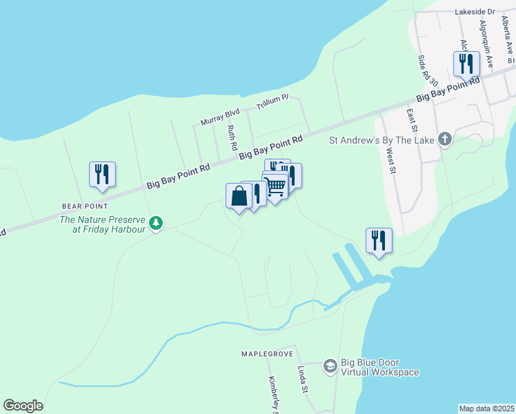 map of restaurants, bars, coffee shops, grocery stores, and more near 247 Broward Way in Innisfil