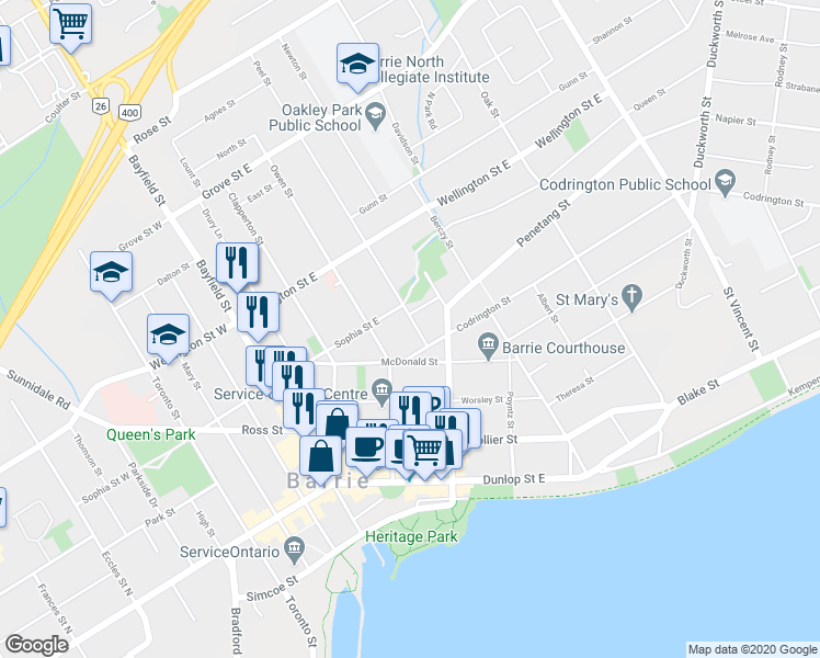 map of restaurants, bars, coffee shops, grocery stores, and more near 34 Peel Street in Barrie