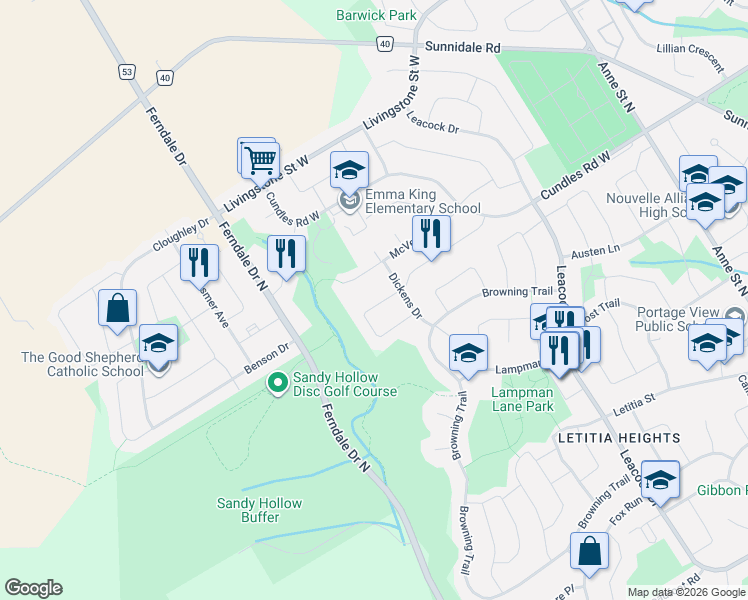 map of restaurants, bars, coffee shops, grocery stores, and more near 139 Burns Circle in Barrie