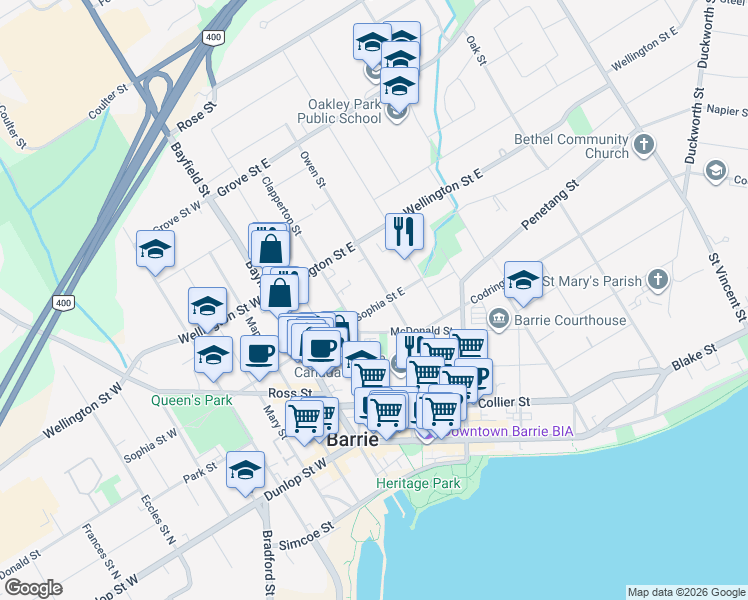 map of restaurants, bars, coffee shops, grocery stores, and more near 52 Sophia Street East in Barrie