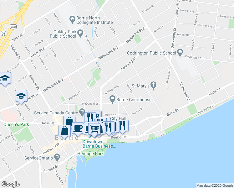 map of restaurants, bars, coffee shops, grocery stores, and more near 89 Berczy Street in Barrie