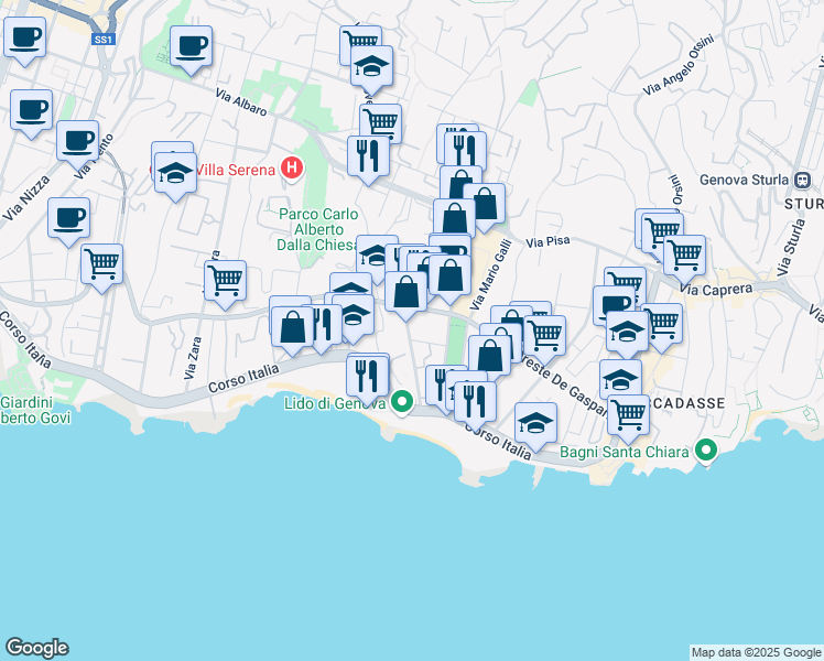 map of restaurants, bars, coffee shops, grocery stores, and more near 13 Via Giovanni Bovio in Genoa