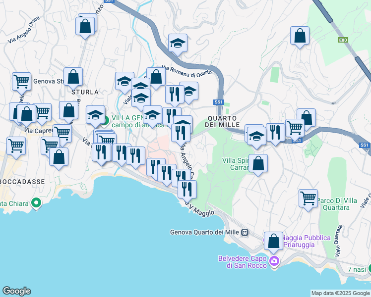 map of restaurants, bars, coffee shops, grocery stores, and more near 226 Via Angelo Carrara in Genoa