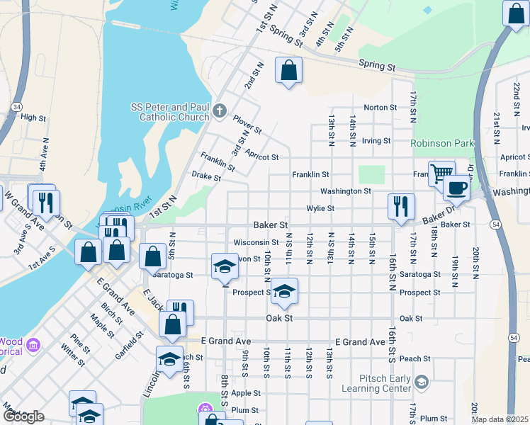 map of restaurants, bars, coffee shops, grocery stores, and more near 1031 Wylie Street in Wisconsin Rapids