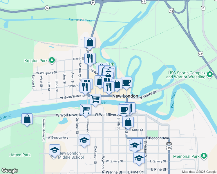 map of restaurants, bars, coffee shops, grocery stores, and more near 304 Wolf River Plaza in New London