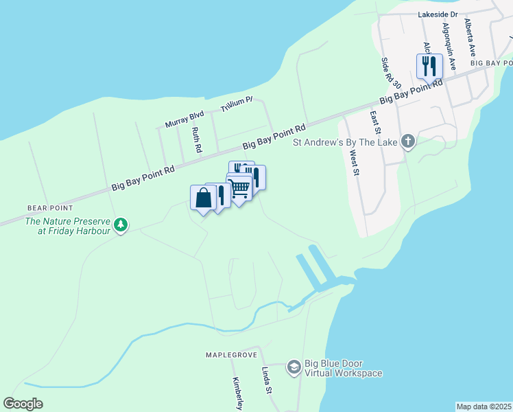 map of restaurants, bars, coffee shops, grocery stores, and more near 233 Broward Way in Innisfil