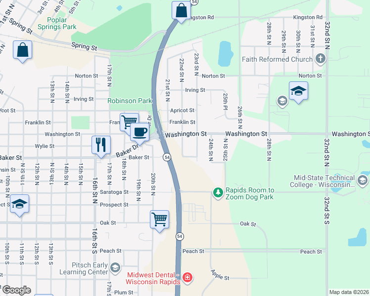 map of restaurants, bars, coffee shops, grocery stores, and more near 710 22nd Street North in Wisconsin Rapids