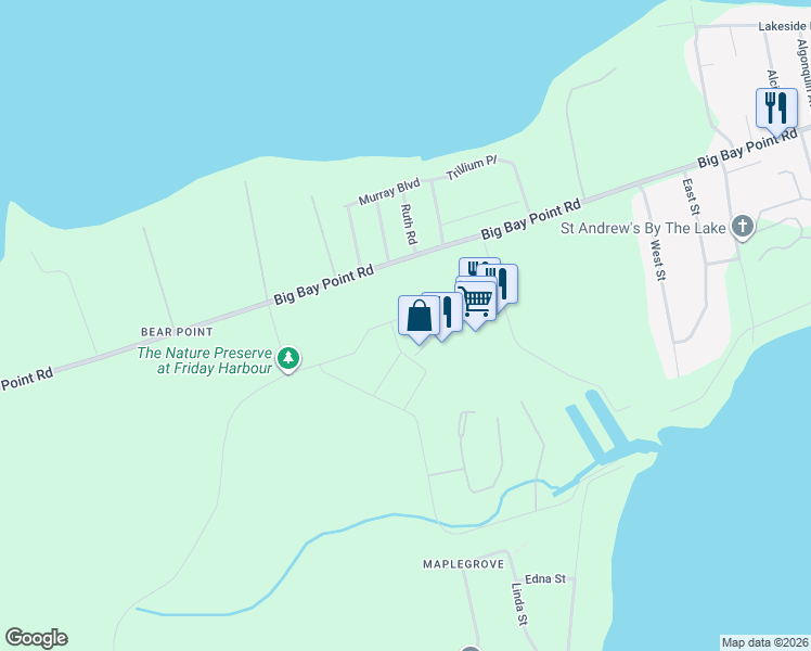 map of restaurants, bars, coffee shops, grocery stores, and more near Sea Ray Avenue in Innisfil