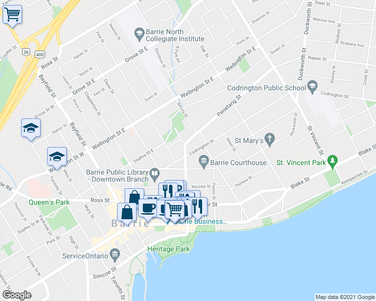 map of restaurants, bars, coffee shops, grocery stores, and more near in Barrie