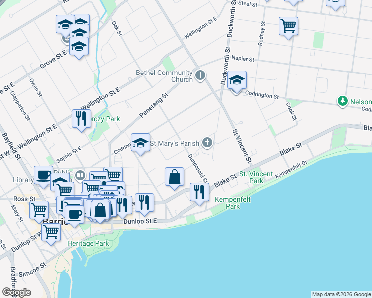 map of restaurants, bars, coffee shops, grocery stores, and more near Amelia Street in Barrie