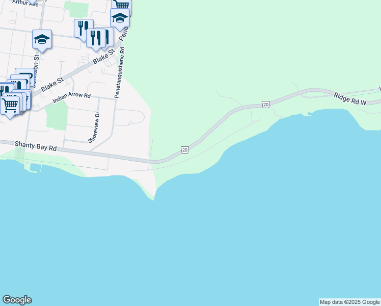 map of restaurants, bars, coffee shops, grocery stores, and more near 28 Barrie Terrace in Barrie